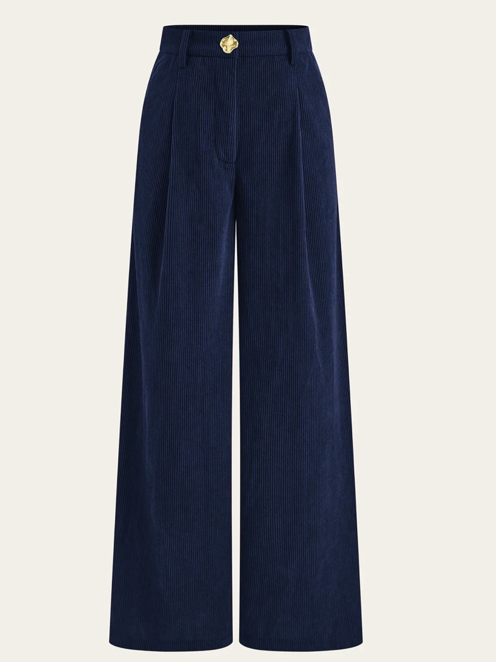 NWT Commense Navy Corduroy Wide-Leg Trousers with Sculpted Gold Accent Button